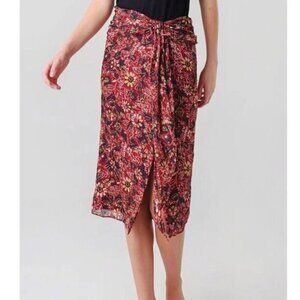 New Ba&sh Galia Knot Front Floral Midi Skirt Burgundy Medium $270